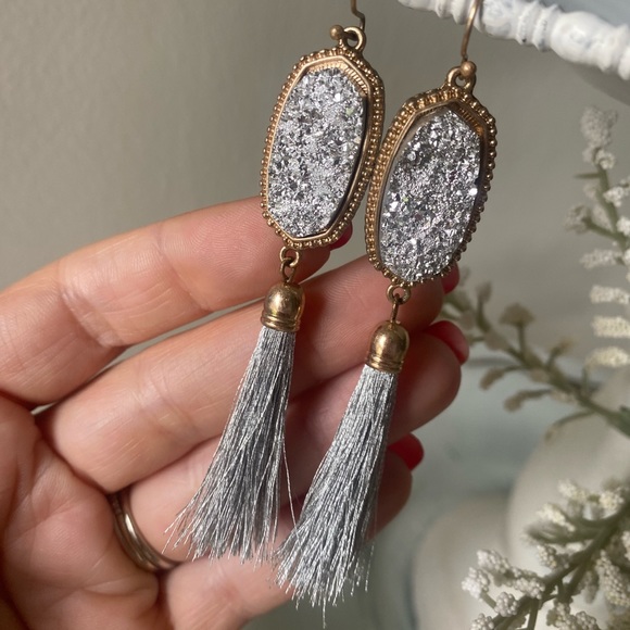 Silver Druzy Tassel Dangle Earrings - Picture 13 of 14